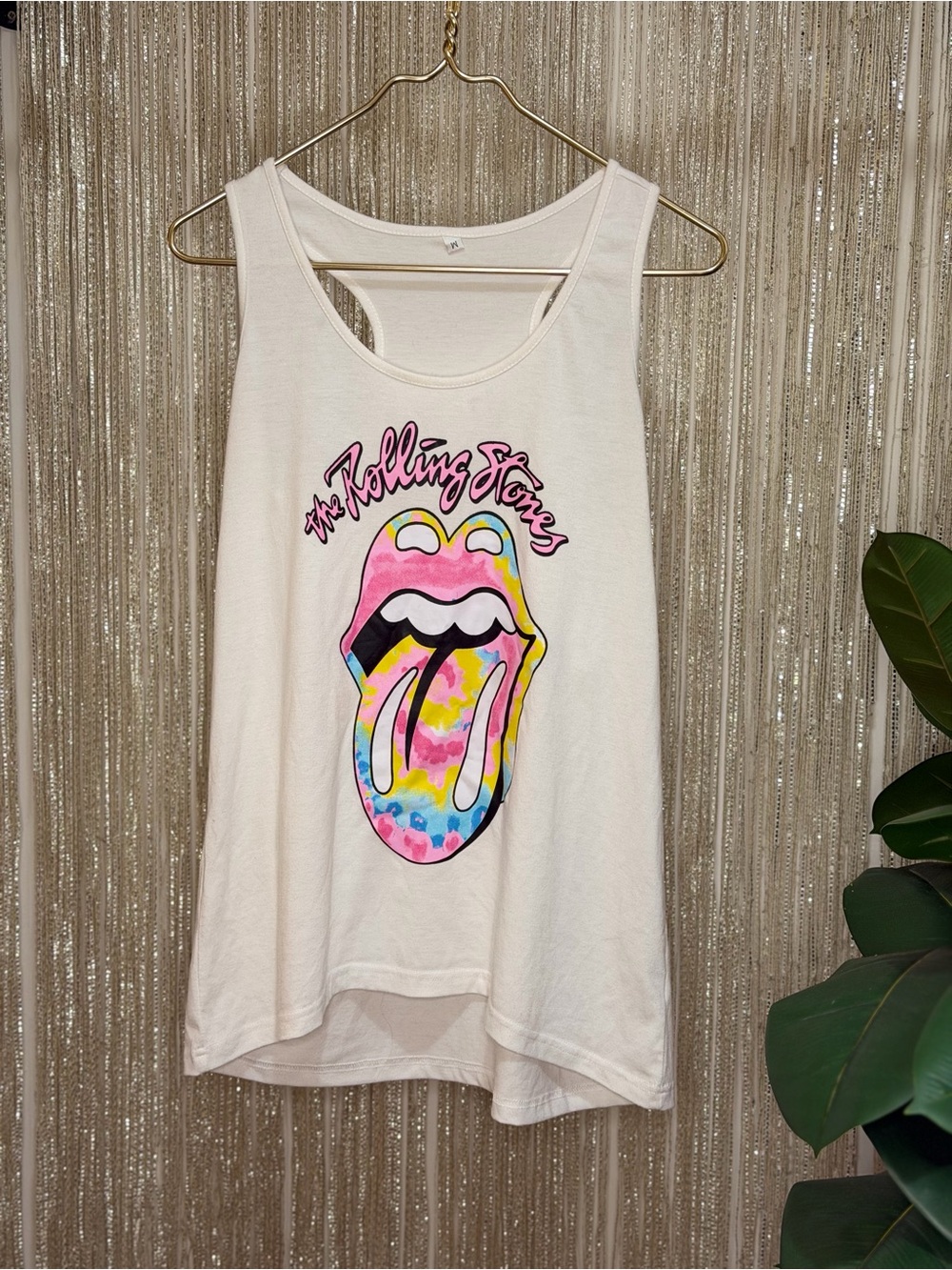 The Rolling Stones Tie Dye Tongue Logo Racerback Tank Top White Pink Yellow Blue